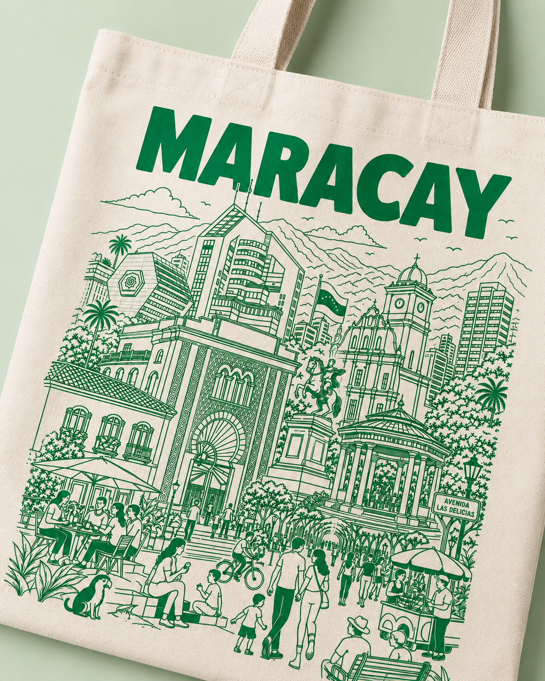 Tote bag with 'MARACAY' printed on it and a green illustration of a city scene.