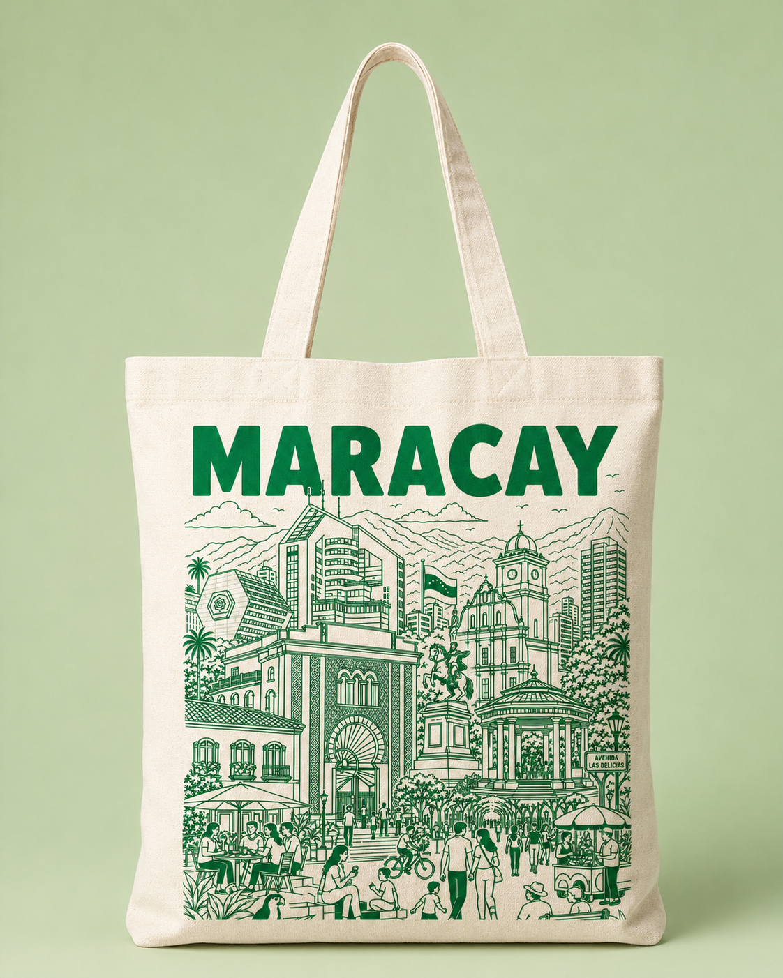 Tote bag with 'MARACAY' text and cityscape illustration on a green background