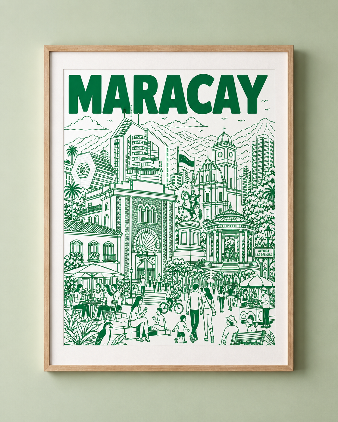 Framed artwork of Maracay with green illustrations on a white background