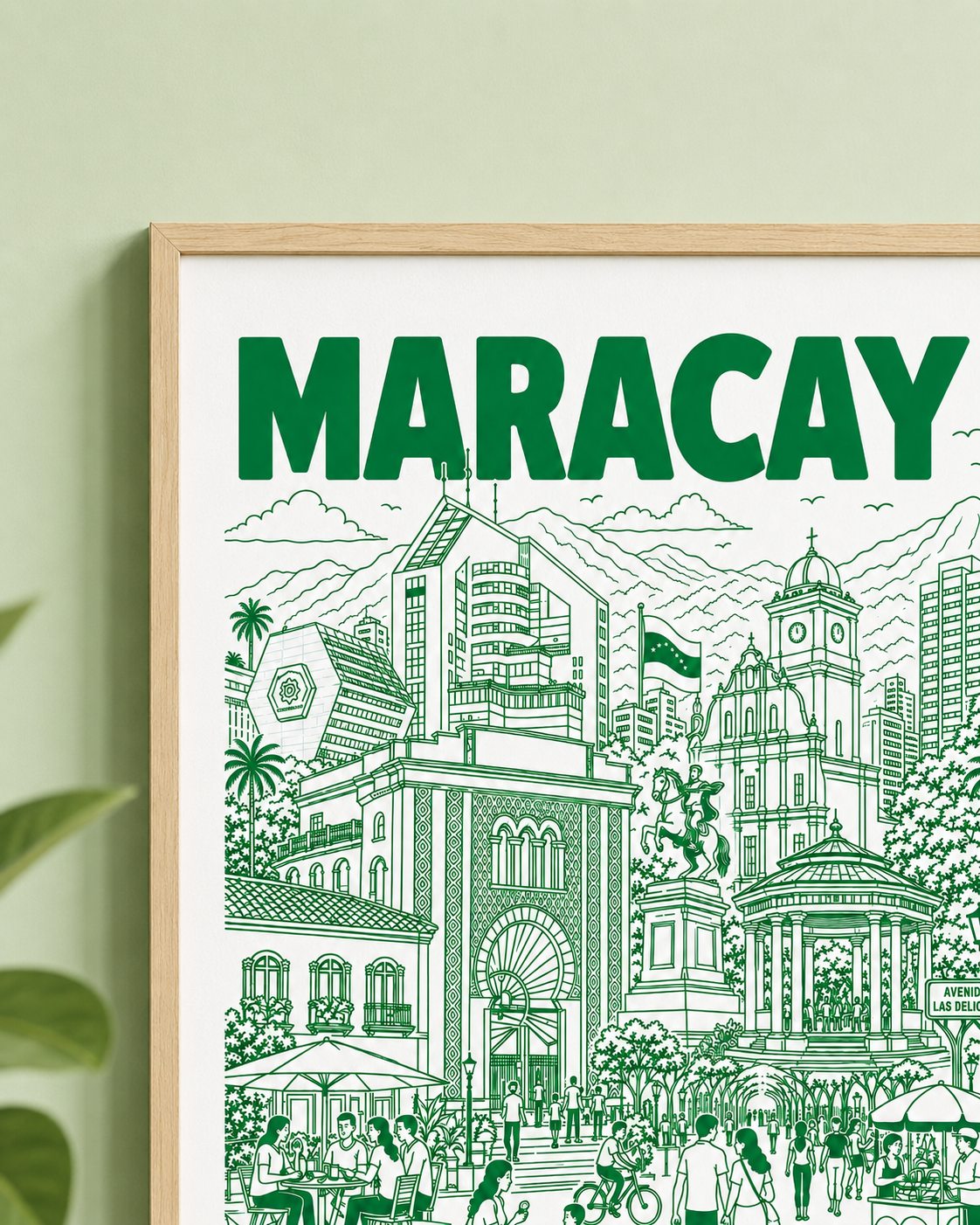 Framed artwork with 'MARACAY' text and cityscape illustration on a light green background