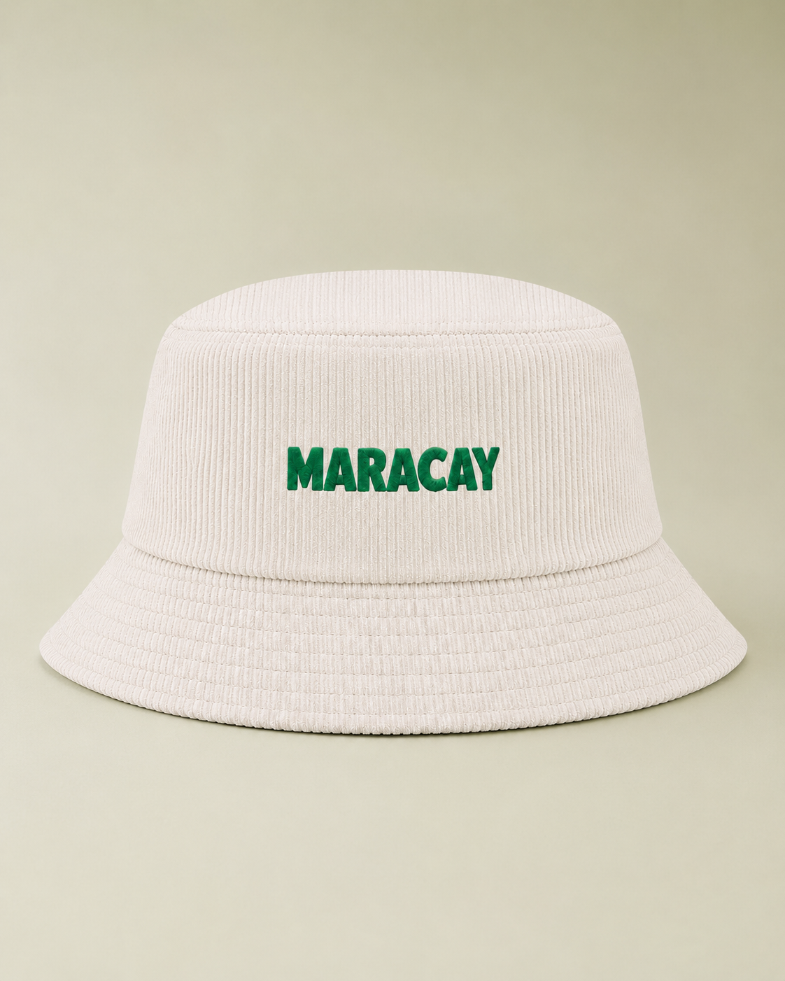 White bucket hat with 'MARACAY' text on a beige background