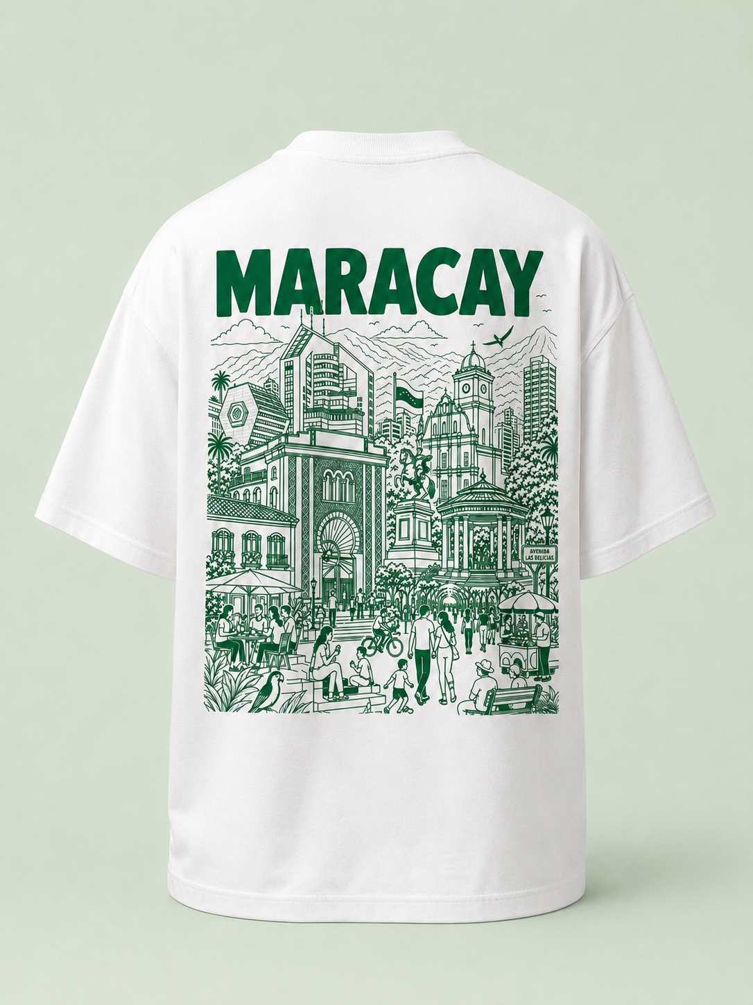 White t-shirt with green graphic and 'MARACAY' text on a light green background